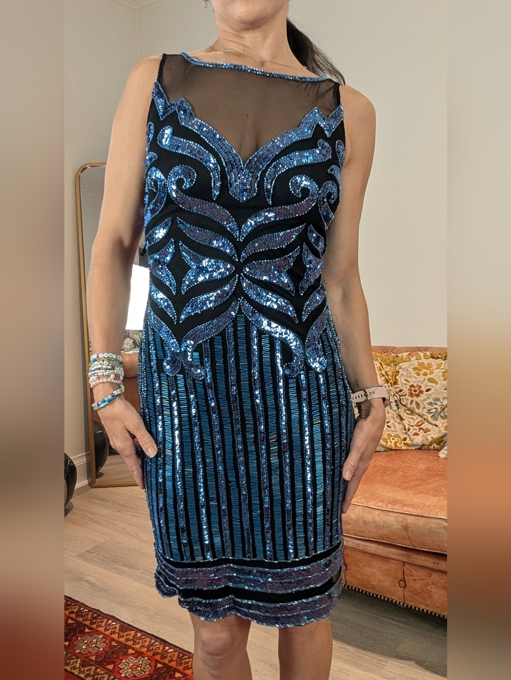 Blue Sequin Embellished Sheath Dress Illusion neckline